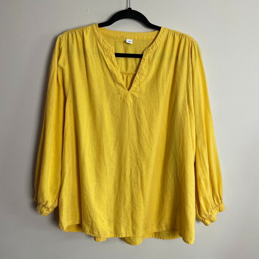 Old Navy Womens Linen Boho Oversized Yellow Top Size L Button Balloon Sleeve